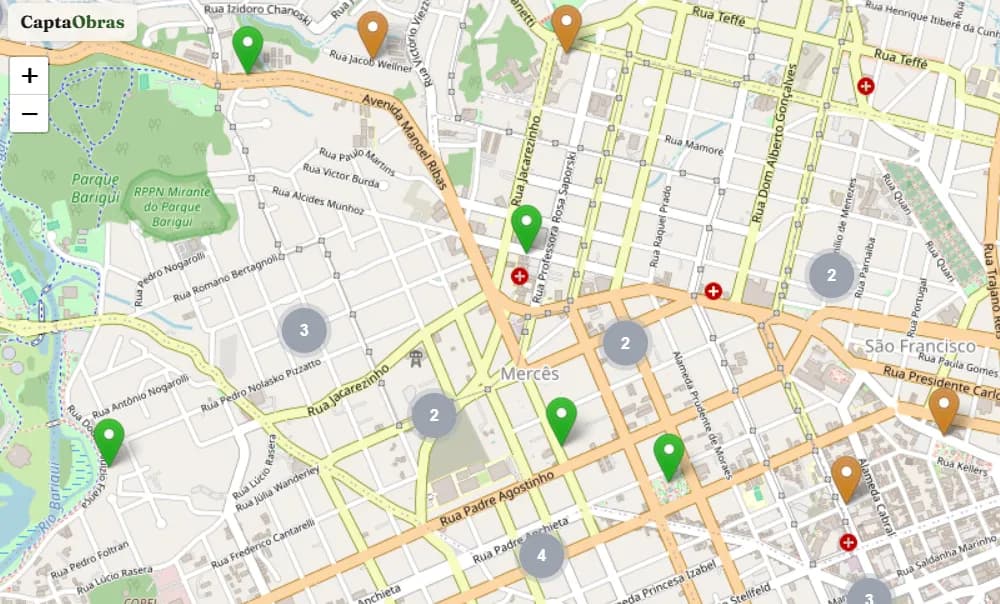 Mapa do CaptaObras mostrando obras ativas no bairro Mercês, Curitiba