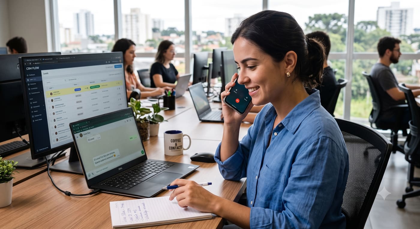 Contato com um lead de obra, telefone e WhatsApp em uso