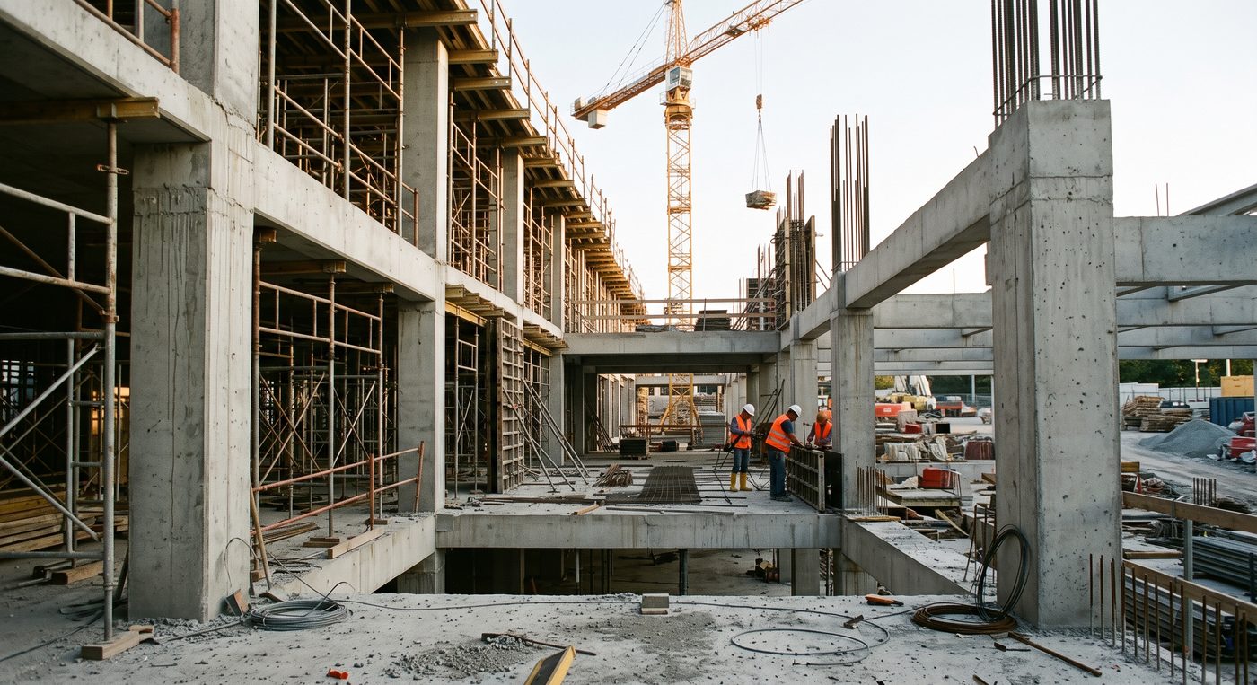 Estrutura de concreto armado recém-erguida em obra de grande porte, com andaimes e guindaste