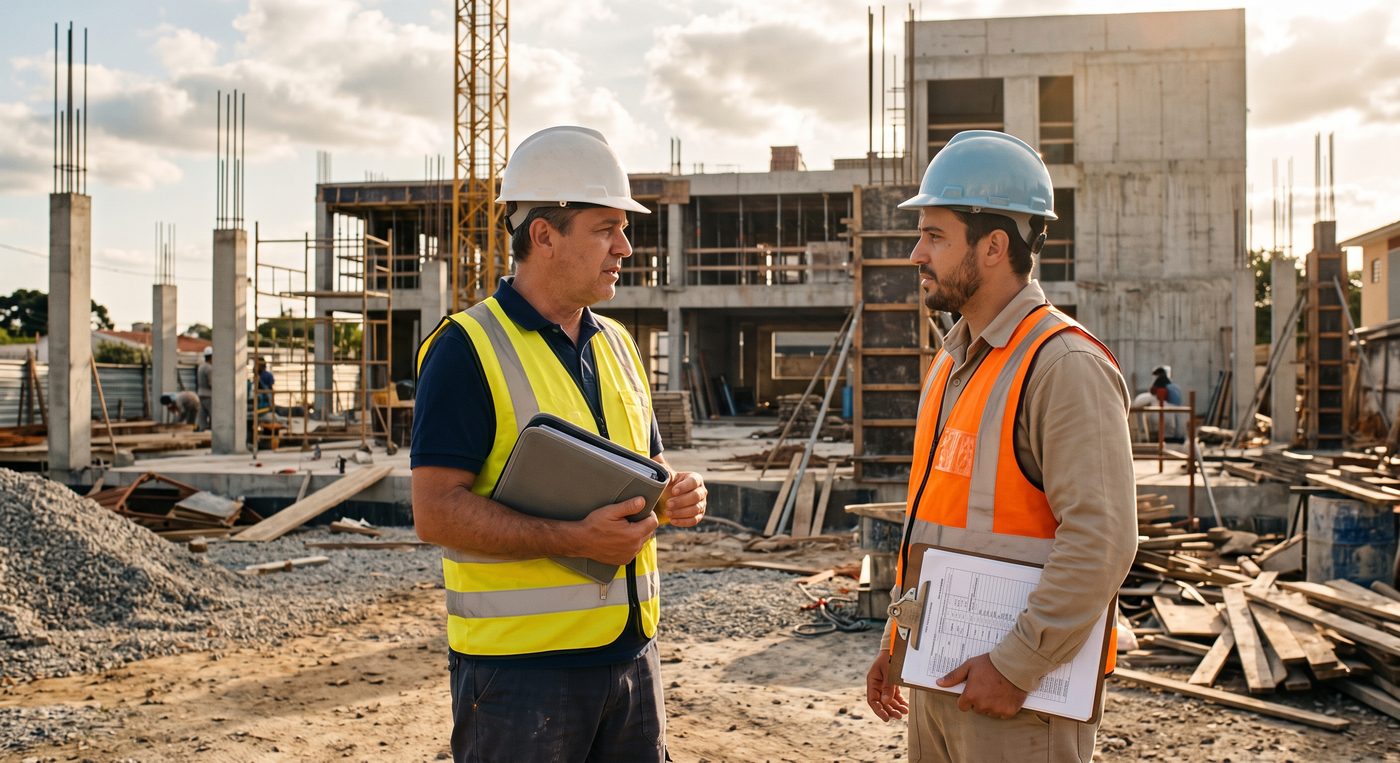 Consultor de vendas realizando uma abordagem técnica com engenheiro no canteiro de obras