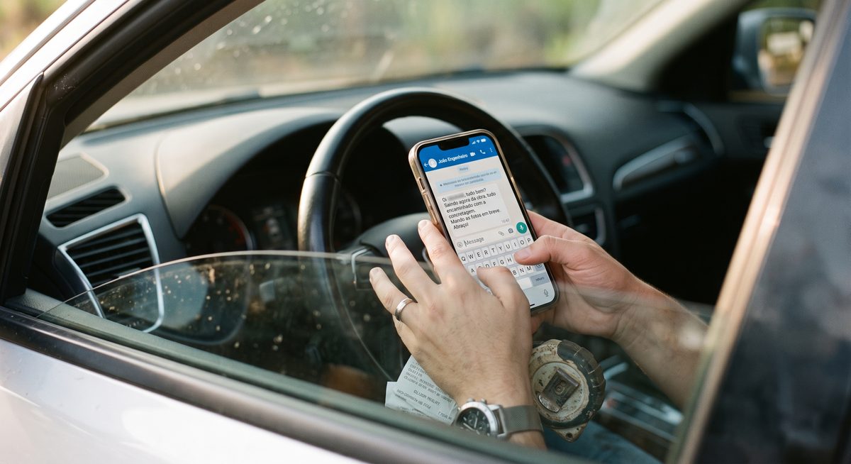 Mãos segurando um celular com WhatsApp aberto dentro do carro, logo após sair de uma visita a obra