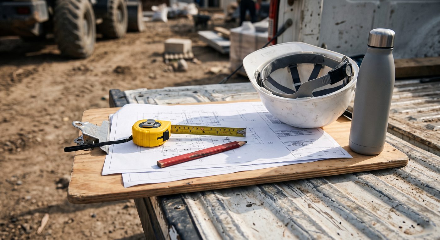Kit de brindes úteis para prospecção de obras contendo trena, capacete e material técnico